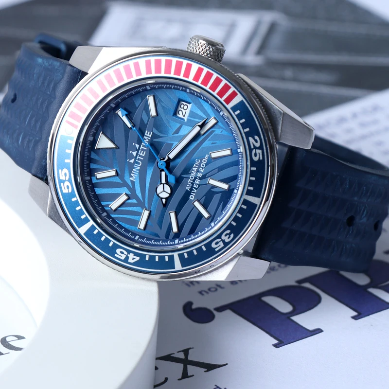 MINUTETIME Custom Logo NH35 Vintage Watch Mechanical Automatic Waterproof Watches MEN Samurai Blue Leaf Pattern Dial Wristwatch