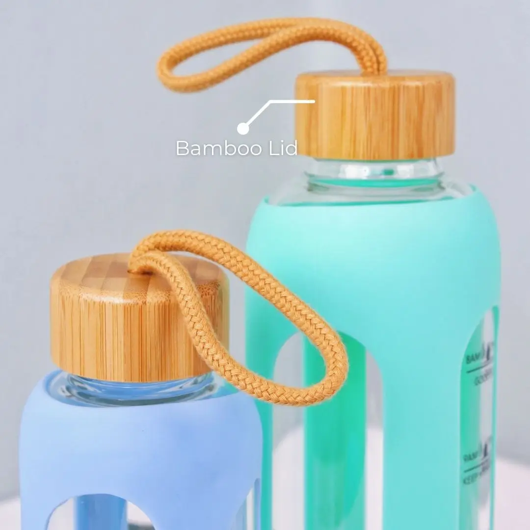 1000ML/32 OZ glass water bottle with silicone sleeve bamboo lid time marker
