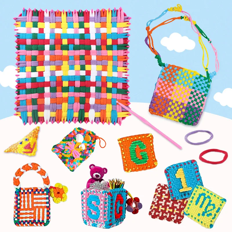 Children puzzle Elastic rope knitting toys DIY loop weave Rainbow coil loom Creative cup mat bags making sets