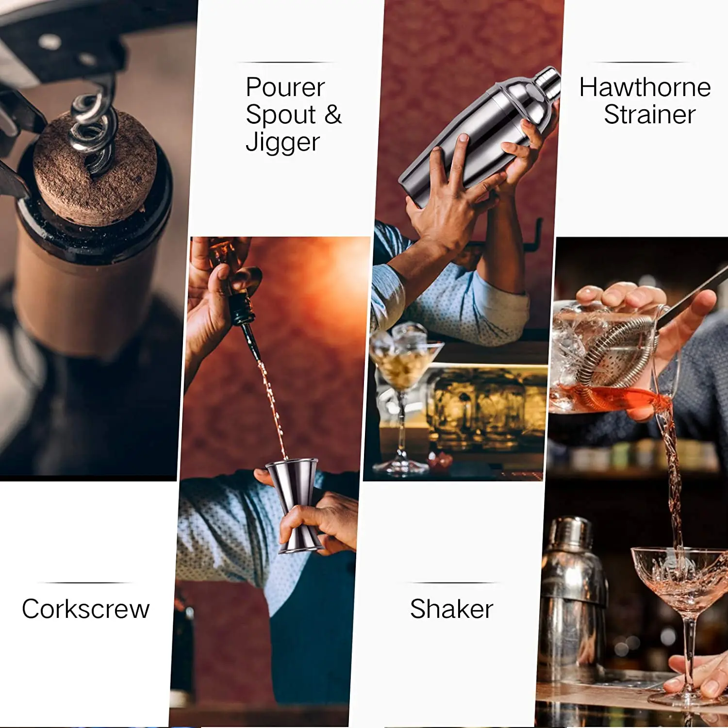 Mixology Bar Tools for Drink Mixing Bartender Kit 304 Stainless Steel Cocktail Shaker Set With Bamboo Wood Stand