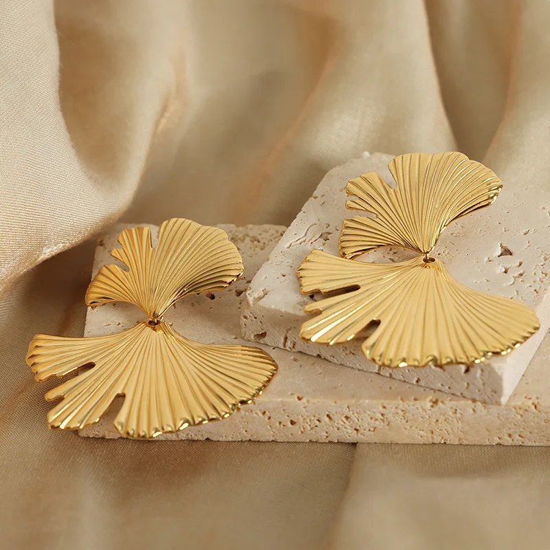 Vershal VSA-65 Stainless Steel 18K Gold Plated Ginkgo Leaf Shape Double Side Earrings Vintage Unique Design Earrings