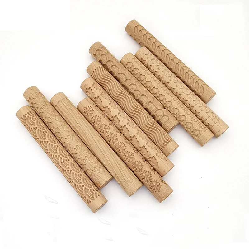 2mm Depth Pattern Hand-made Wooden Textured Rolling Mud Embossed Stick with Pattern Pottery Tools