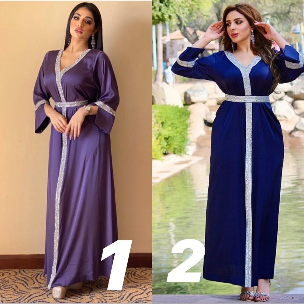 Moroccan Kaftan Dubai Gown Dresses for Women Satin Sequin Loose Sleeve Muslim Turkey Arabic Clothes