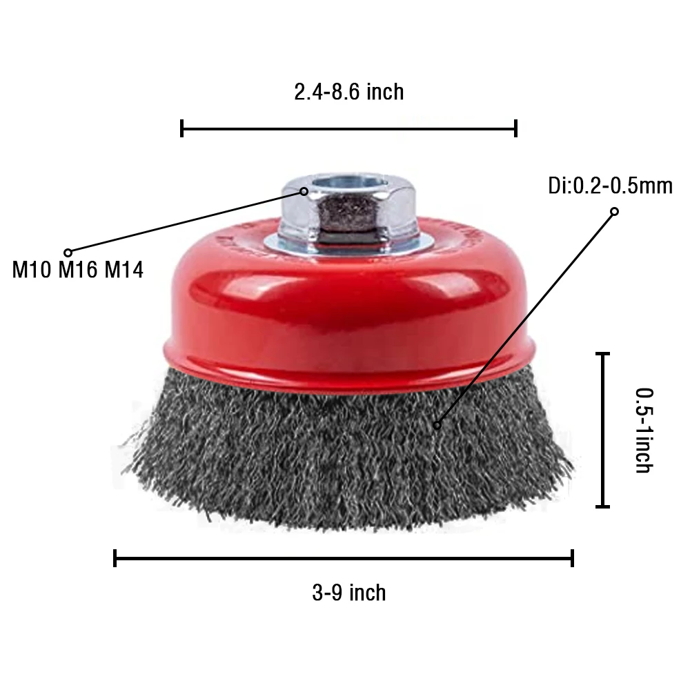For Angle Grinder M10, M14, M16, 5/8'-11 Thread 3-9inch Steel/Stainless Steel Crimped Wire Cup Brush