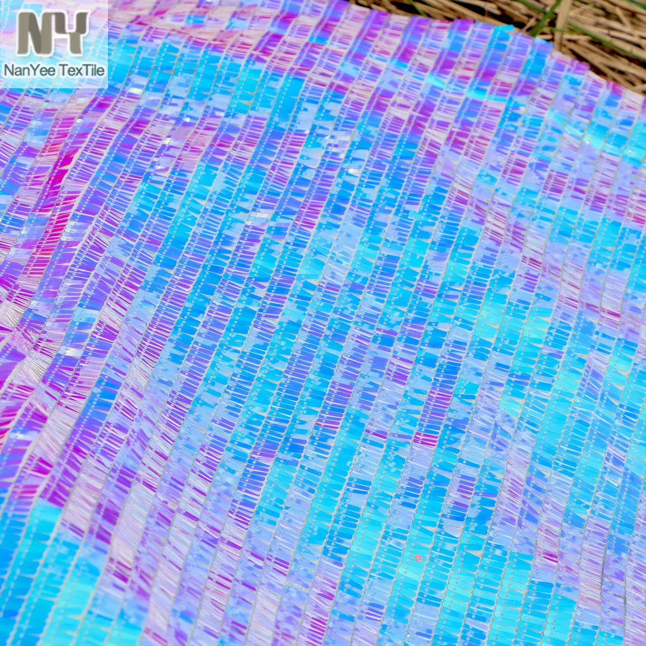 Nanyee Textile 10mm Size Mermaid Blue Iridescent Color Rectangle Sequin Embroidery Fabric