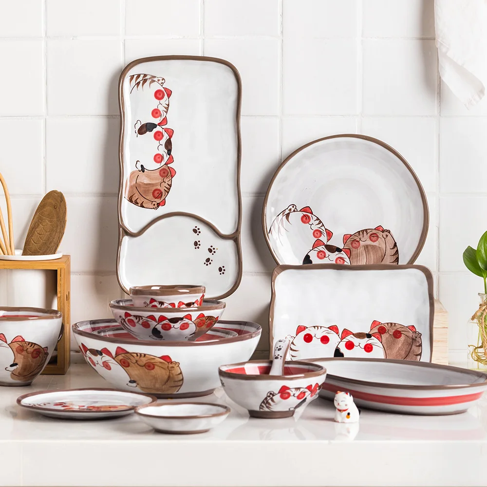 
MONAZONE Cute Cat Ceramic Tableware Set Dinnerware Set 