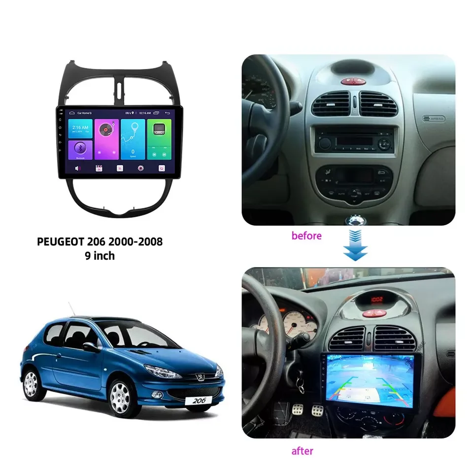 9 inch car audio system universal touch screen stereo car video 2 din android car radio for Peugeot 206