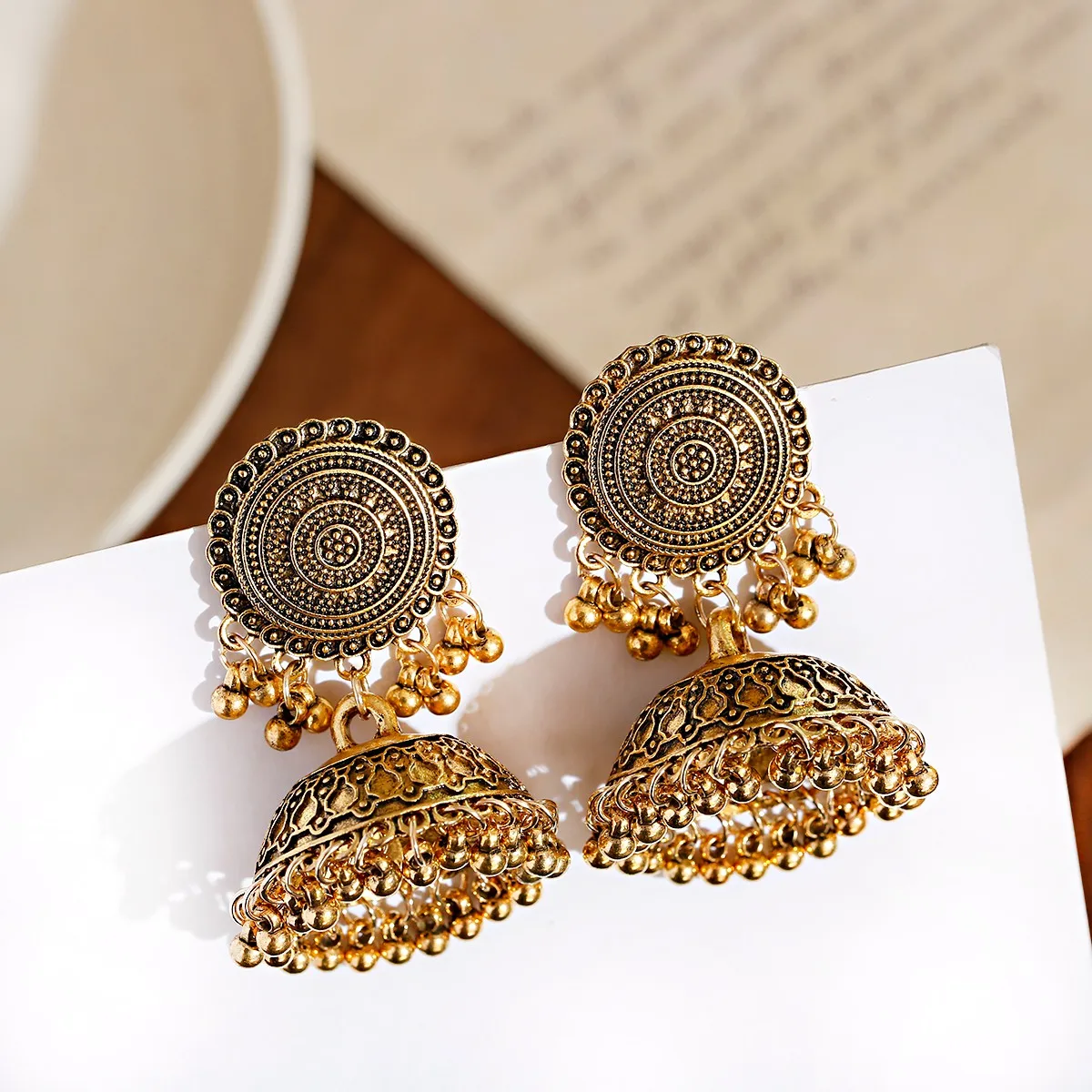Big Round Sunflower Handmade Dangle Drop Bells Gold Silver Oxidized jhumka Indian Earrings For Women Jewelry