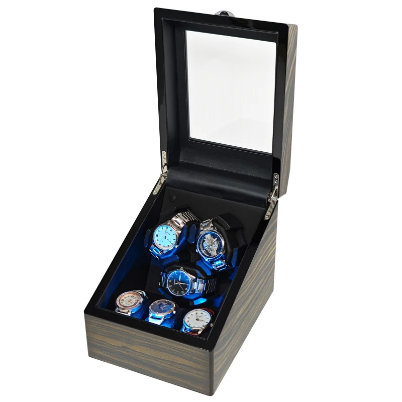 Auto-Stop LED New Golden Sandalwood Wood Color Lacquered 3+3 Watch Winder Box