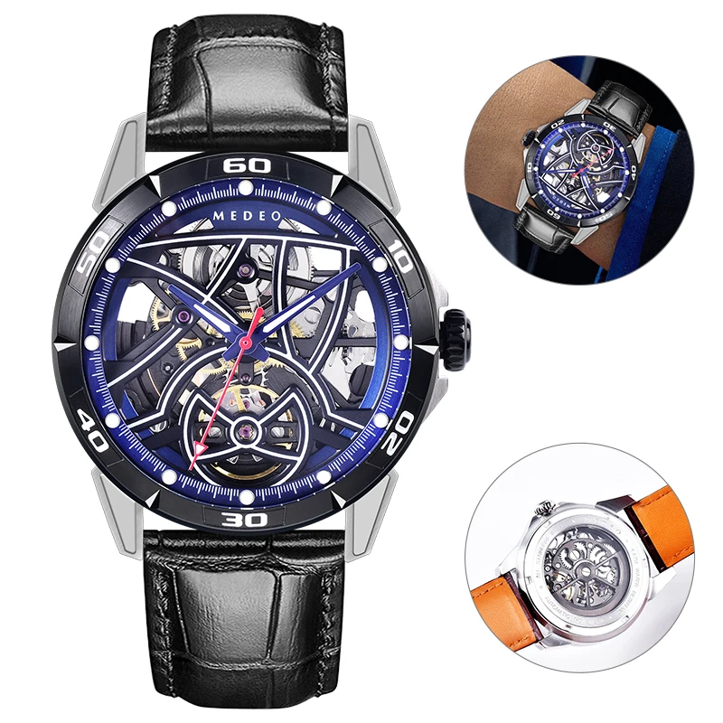 unique Luminous tourbillon mechanical watches custom logo Genuine leather strap waterproof automatic mechanical watches for men