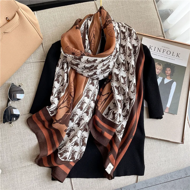 2022 Luxury Women Spring Fashion Horse Carriage Printed Designer Cotton Linen Shawl Scarves Hijab Long Scarf