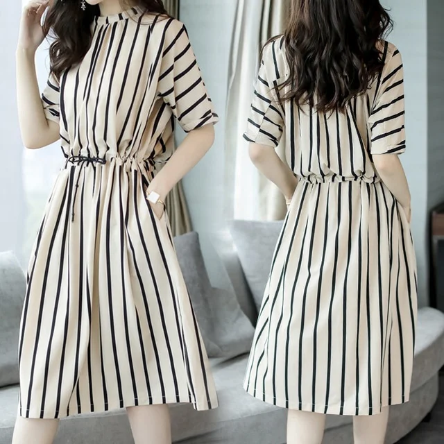 Wholesale Summer Fashion Vertical Drawstring Waist Women Elegant Midi Striped Dress In Stock