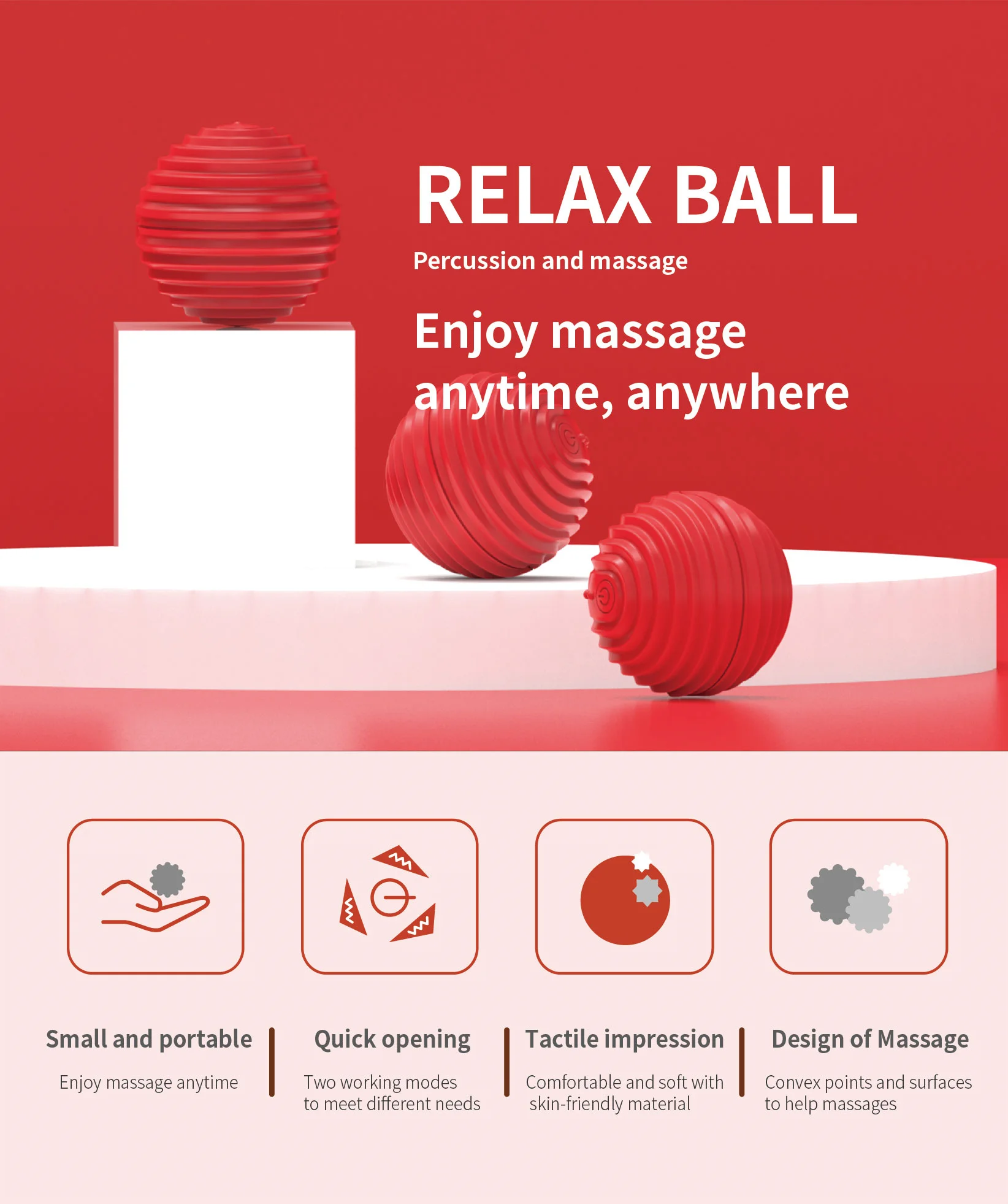 Washable Negative Ion Vibration Massages Ball for Muscle Recovery(Red) 503