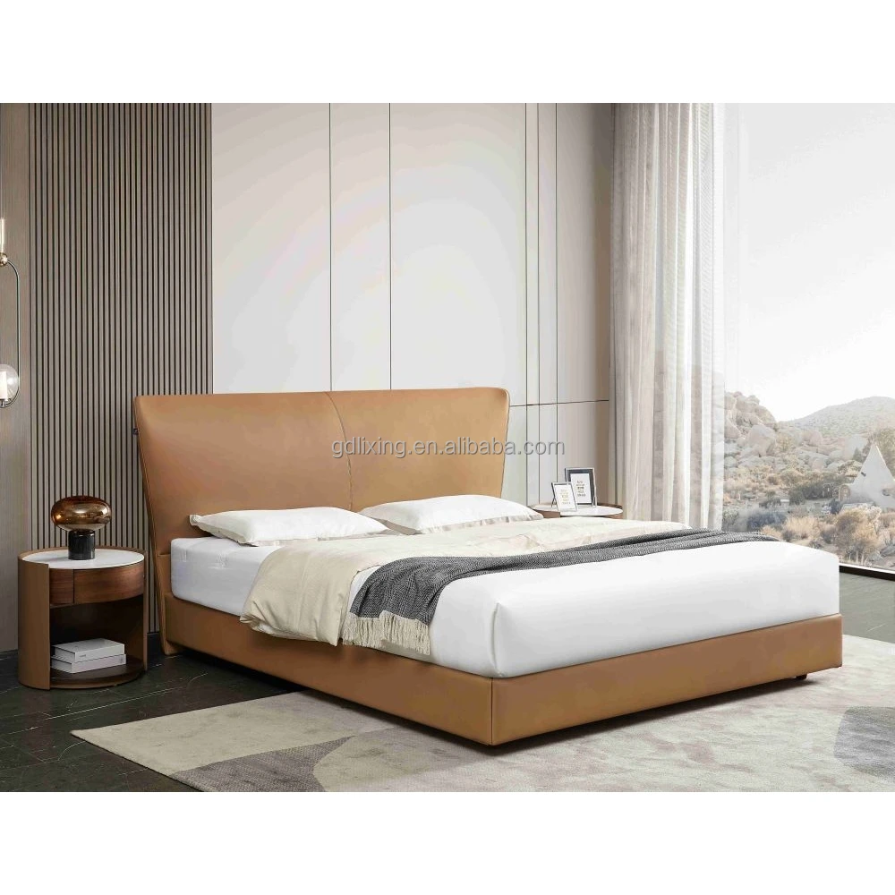 Leather modern simple wooden house full size bed frame king size bed luxurious double bed furniture set