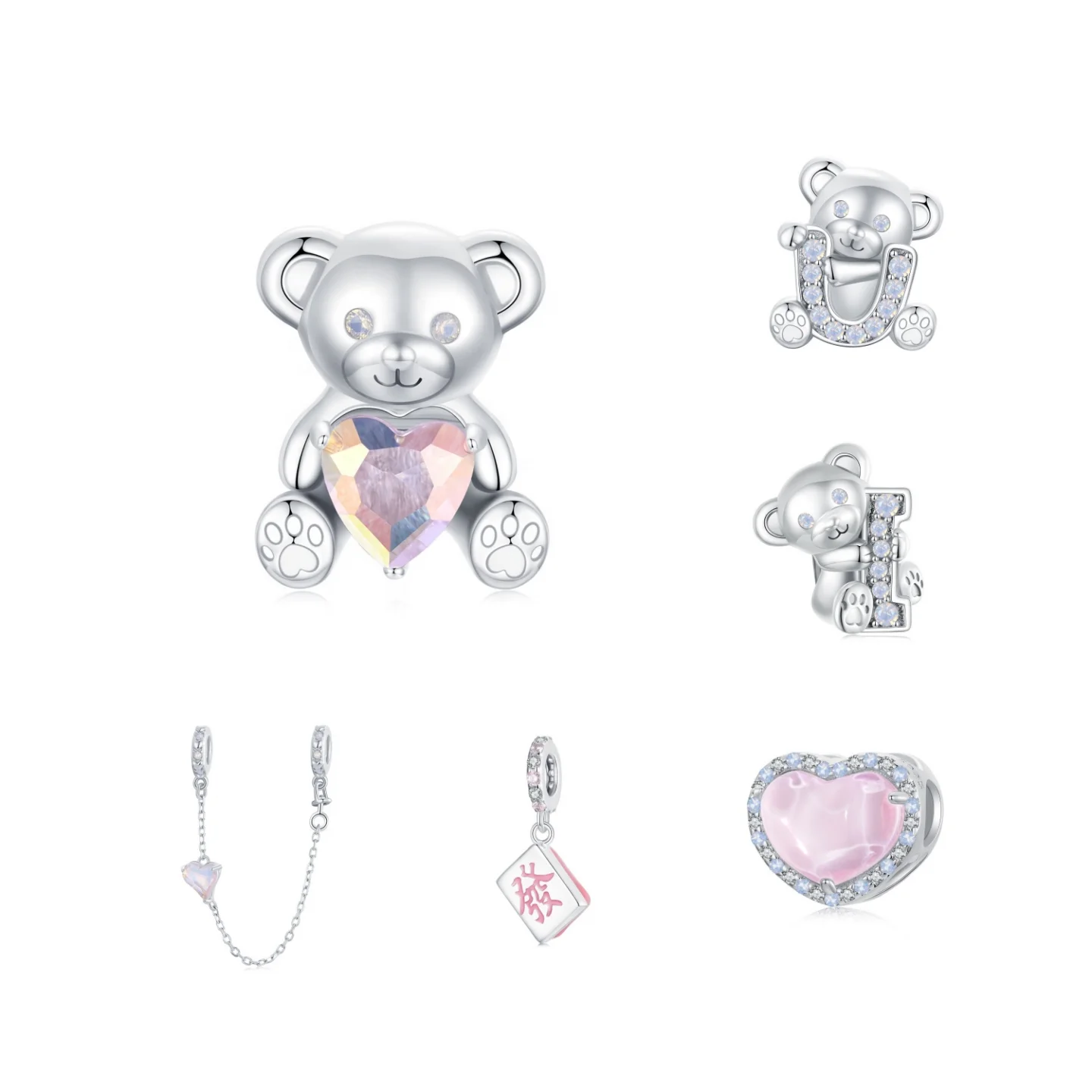925 Sterling Silver Fashion Jewelry Pendant For Bracelet Fine Jewelry Bead Zirconia Enamel Love Bear Pink Heart Fortune Charms