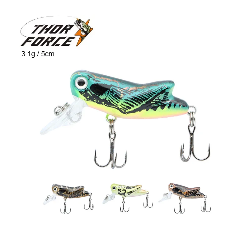 THORFORCE 50mm 3.1g Hard Plastic vibrating fish lure Top Water Grasshopper Insect Fishing Lures Treble Hooks Fresh Water Bait