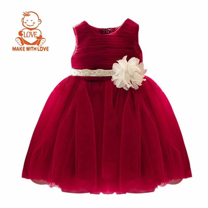 BEIBEIHAPPY Wholesale Hot Sell Satin Popular Children sleeveless Wedding Church Party Dress Red Wine Princess Girl Dress