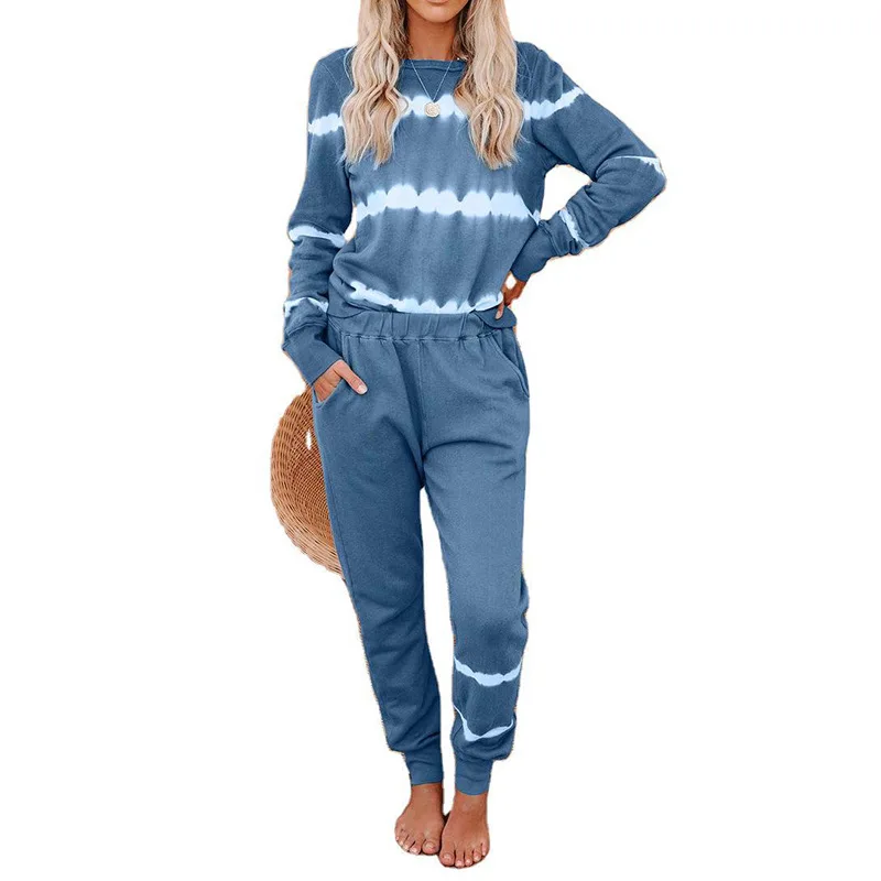 
Home Pajamas Women Printed Striped Long sleeve Trousers Casual Suit Round Neck Women Lougewear 