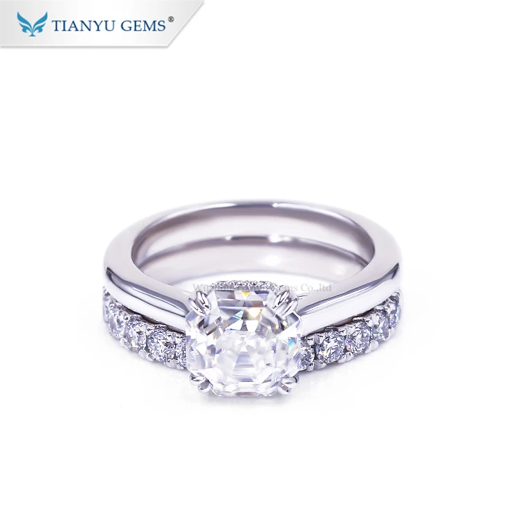 Tianyu gems white gold moissanite ring 14k white gold asscher cut moissanite diamonds dvvs wedding ring set