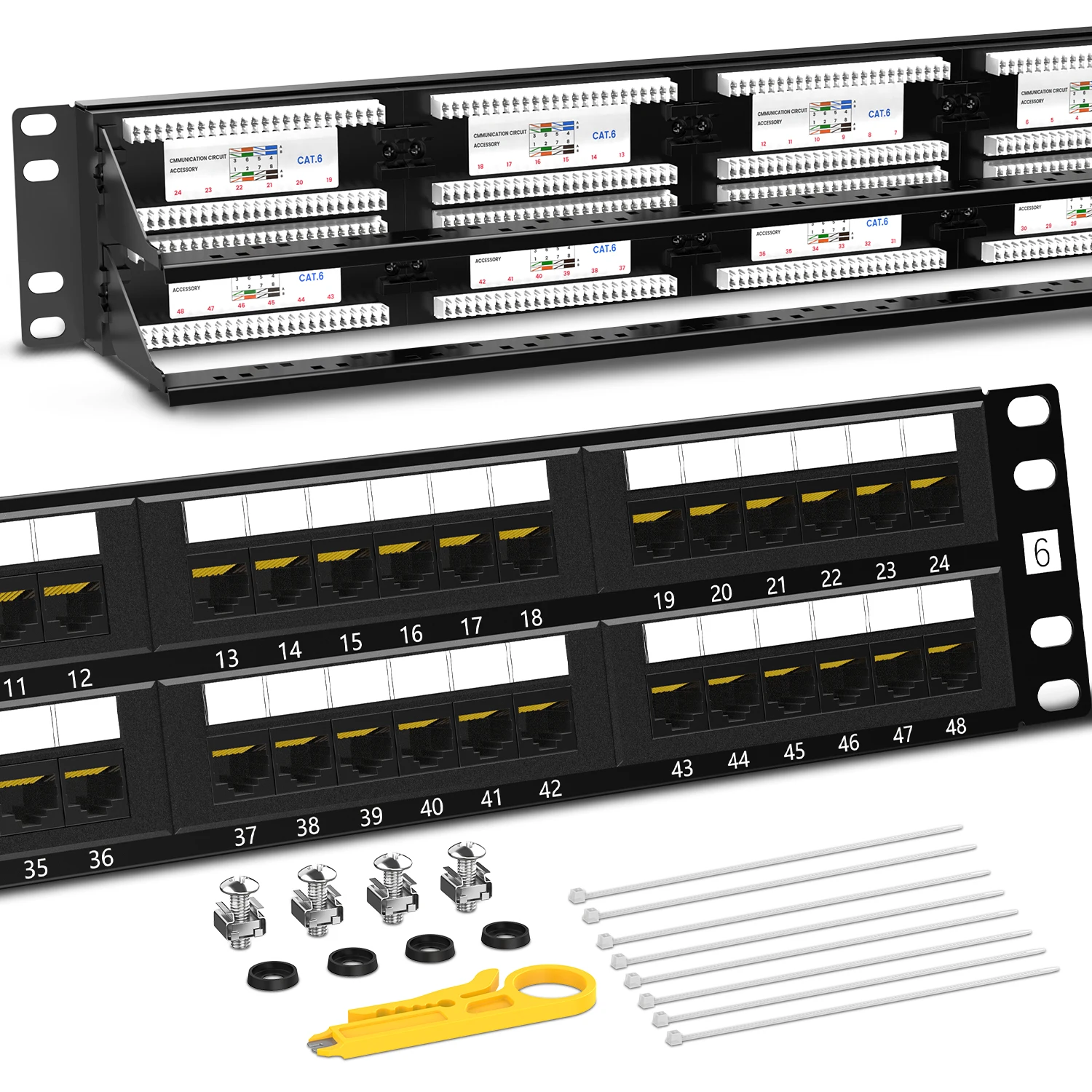 AMPCOM 48 Ports Cat6 Patch Panel, 15u Gold Plated, 2U, 19 inch, RJ45 Ethernet 568A 568B, with Rear Cable Management Bar