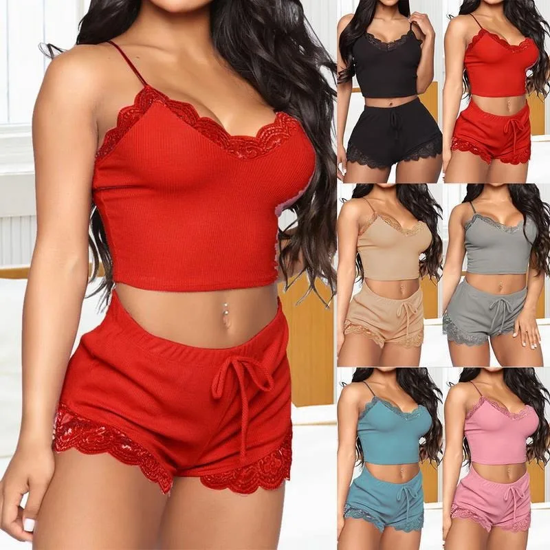 DKKtech Sexy Women Lace Pajama Sets Sleeveless Strap Sleepwear 2Pcs Trim Satin Top Nightwear NightGowns Lingerie Pijamas