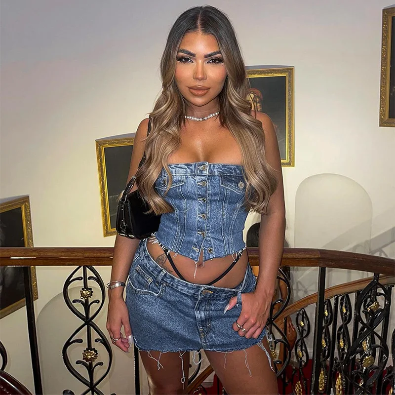 Peeqi summer fashion strapless buttons tube top corset bodycon casual sexy jeans denim crop tank top for women lady