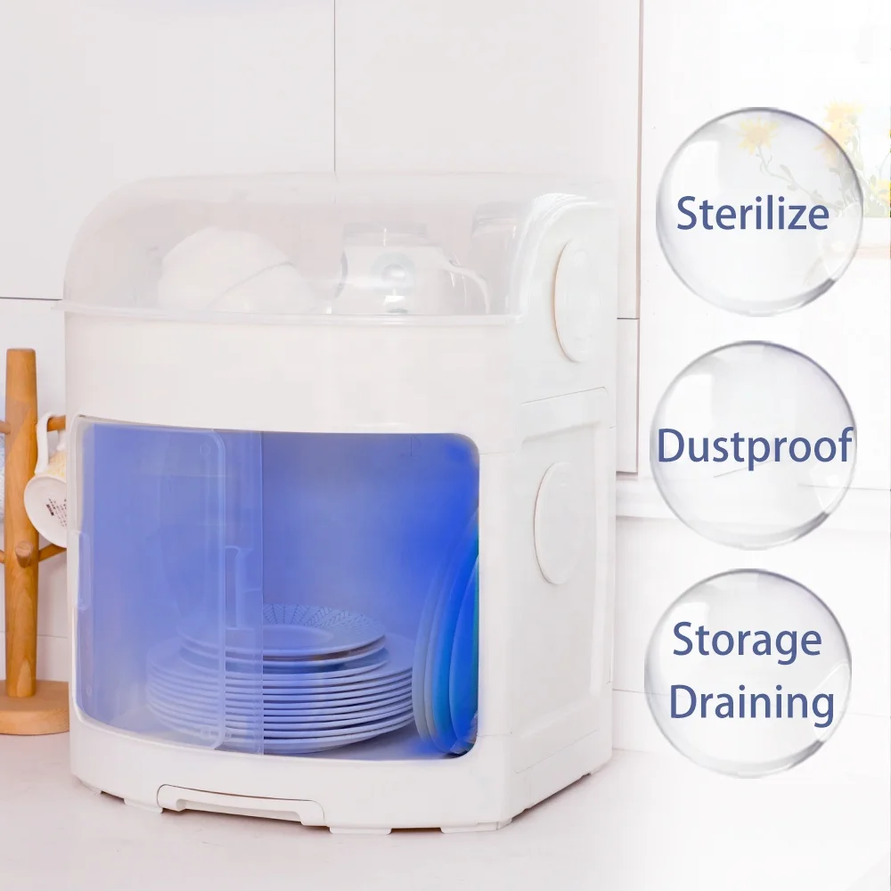 BAOYOUNI 2 Tiers UV Sterilizer Dish Bowl Plastic Storage Box Plates Knife Organizer Rack with Cover Dish Draining Cabinet Shelf