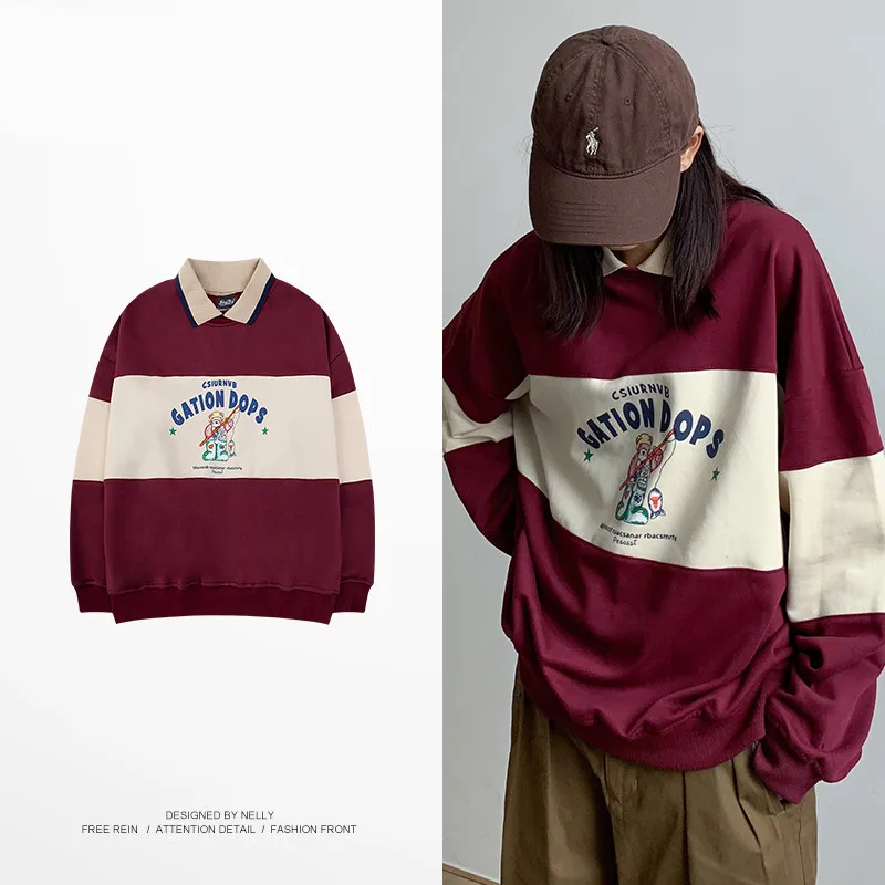 
2021 Korean version of the American retro color-blocking long-sleeved POLO shirt for men and women trendy brand loose casual lap 