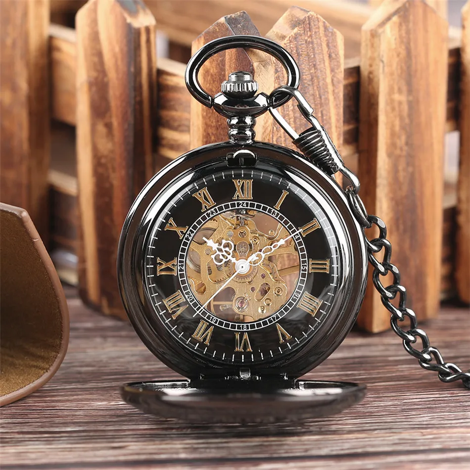 Black Gear Wheel Hollow Roman Numerals Pocket Watches Hunter Mechanical Pocket Watch Hand Winding Mechanical Pocket Watch