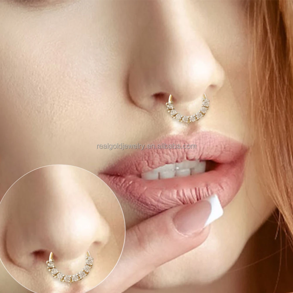 14K Solid Yellow Gold Nose Ring Popular Body Jewelry Zircon Seamless Nose Ring Piercing Cartilage Earrings Wedding Engagement