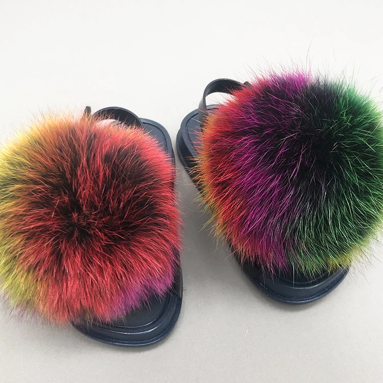 
Detachable big fluffy pom ball fox fur slides for toddlers kids with strap 