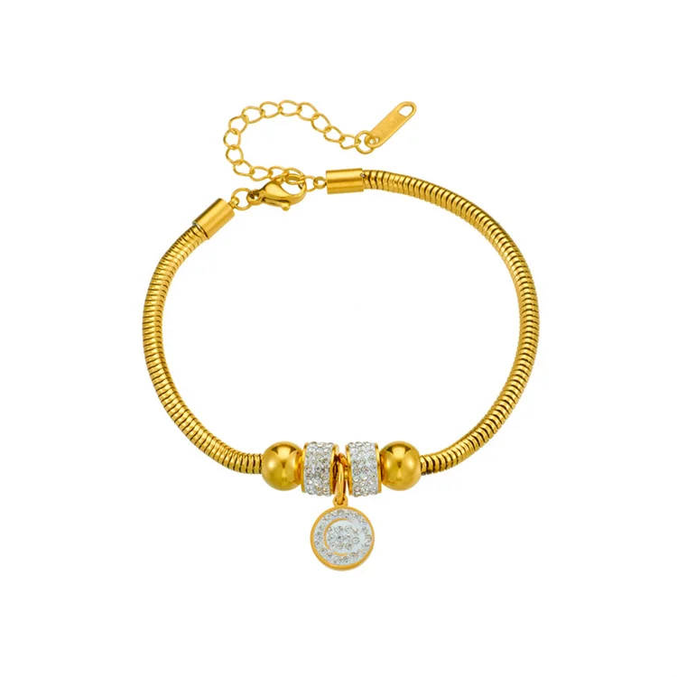 Fashionable and Minimalist Stainless Steel Bracelet Diamond Beaded Round Plate Pendant Accessory Bracelet for Women