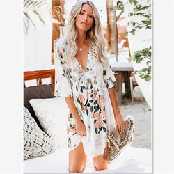 Wholesale Ladies Summer Floral Dress Street Trendy V neck Originality Irregular Women Dress