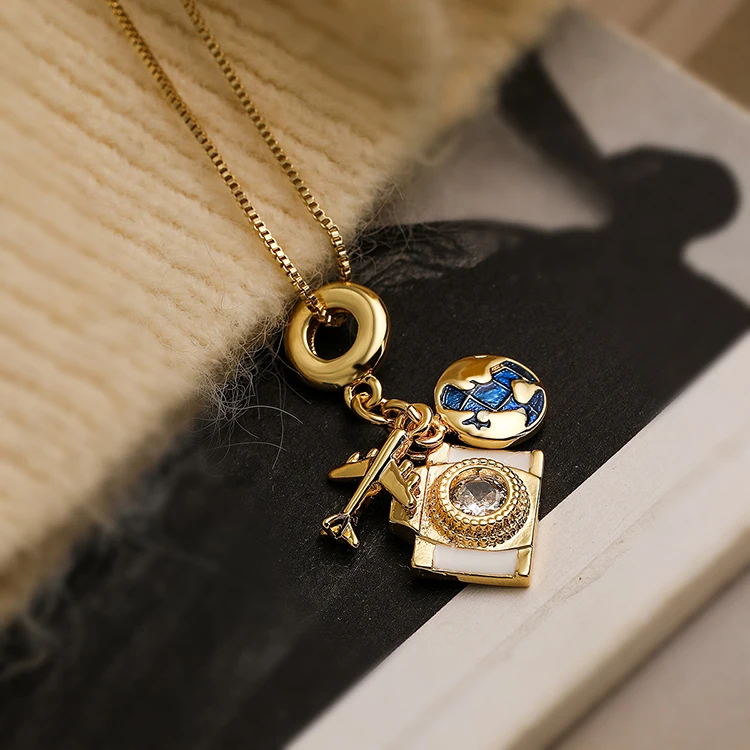 Y257 Wholesale collar 18k Gold Plated Blue Earth Airplane Camera Zircon Inlaid Heart Shaped CZ Passport Pendant Women Necklaces