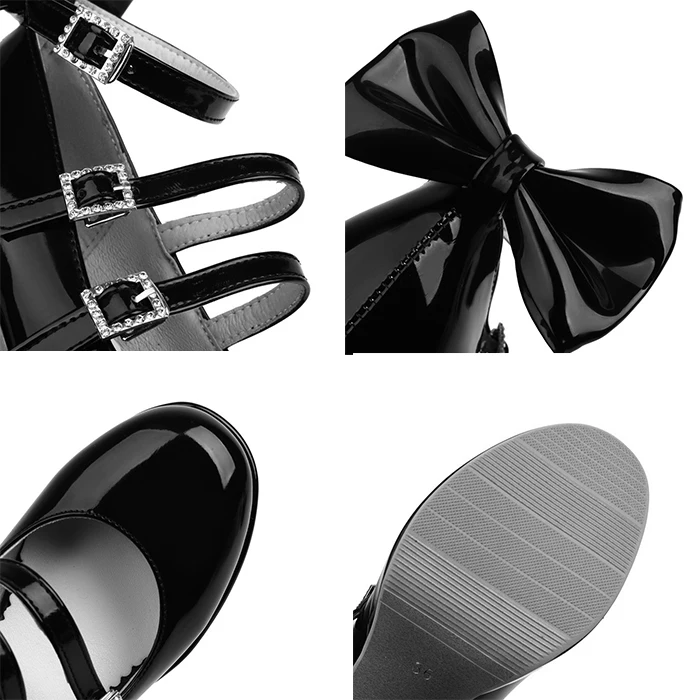 Zapatos de Mujer Size 46 Party Women 9 cm Sissy Lolita Lace Strap Bowknot Student Shoes Square Chunky Medium High Heel Pumps