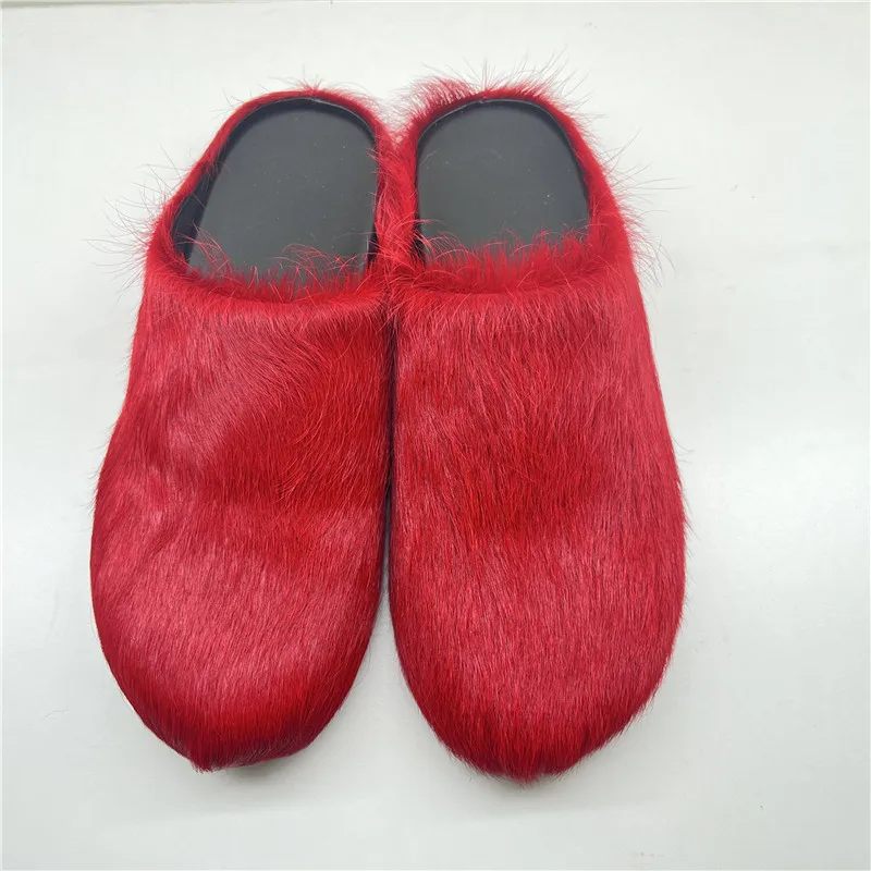 Fashion Fur Slippers Women Round Toe Horse Hair Slides Female Mules Shoes Flat Half Slipper