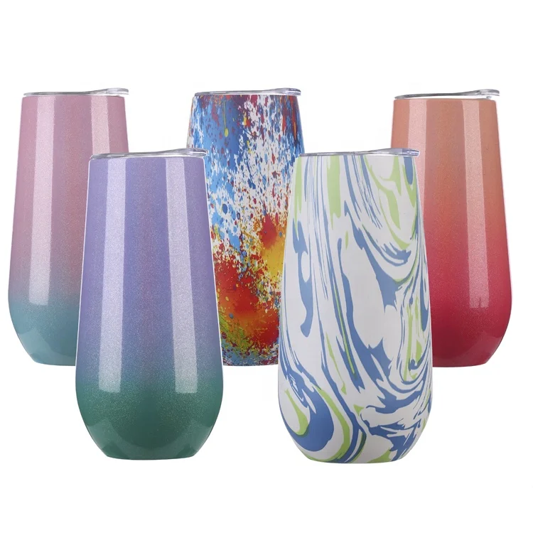 6 OZ   Double Insulated Stainless Steel Coffee Wine Tumbler Stemless Champagne Flutes with Lid