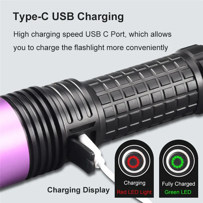 Powerful 365NM UV Flashlight Black Mirror Purple Torch light 60W Fluorescent Detection Torch Rechargeable 26650 UV Lantern