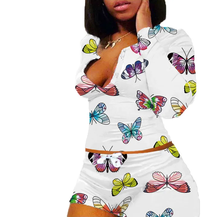 
H1513 New design Butterfly pattern comfortable knit two piece pajamas for women 