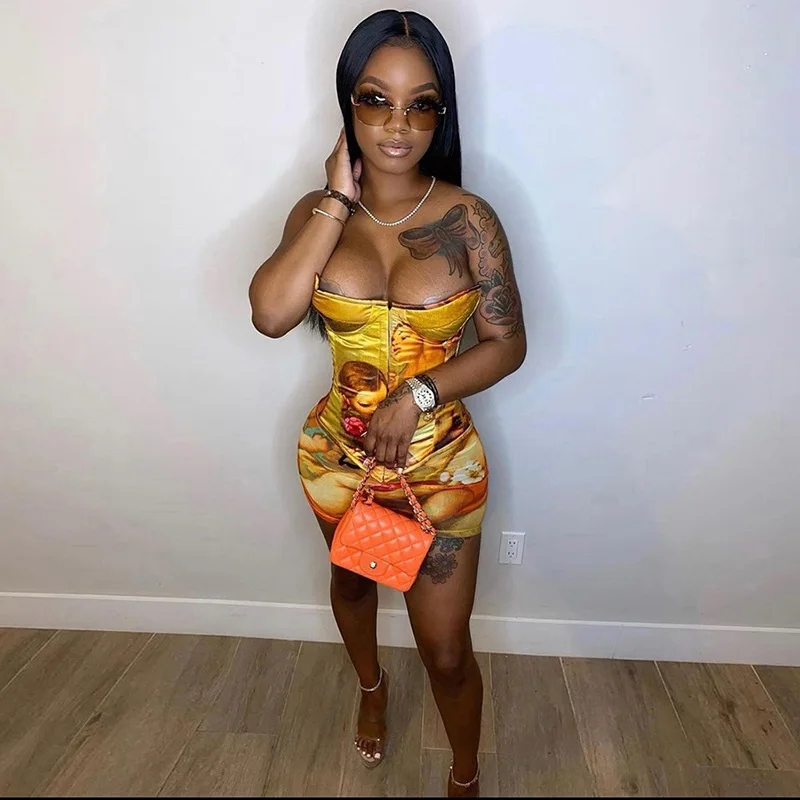 Wholesale 2021 new arrivals spring dresses women two piece off shoulder corset bodycon mini skirt set print dress