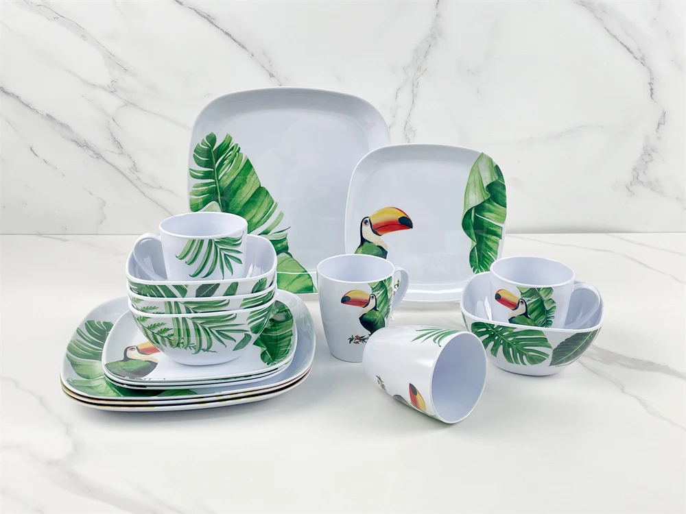New design spring leaf toucan custom logo fine melamine dinnerware set luxury 16pcs plastic dinner sets