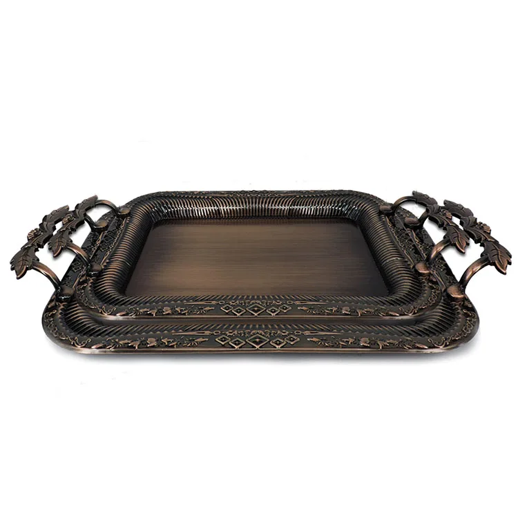 Wholesale Stainless Steel Gold Serving Tray Metal Fruit Tray For Restaurant Hotel Party Weeding With Double Handle