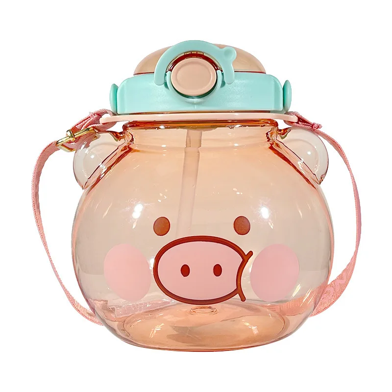 High Quality Cartoon Cute Animal Shaped Kids Plastic Water Bottle With Strap Straw
