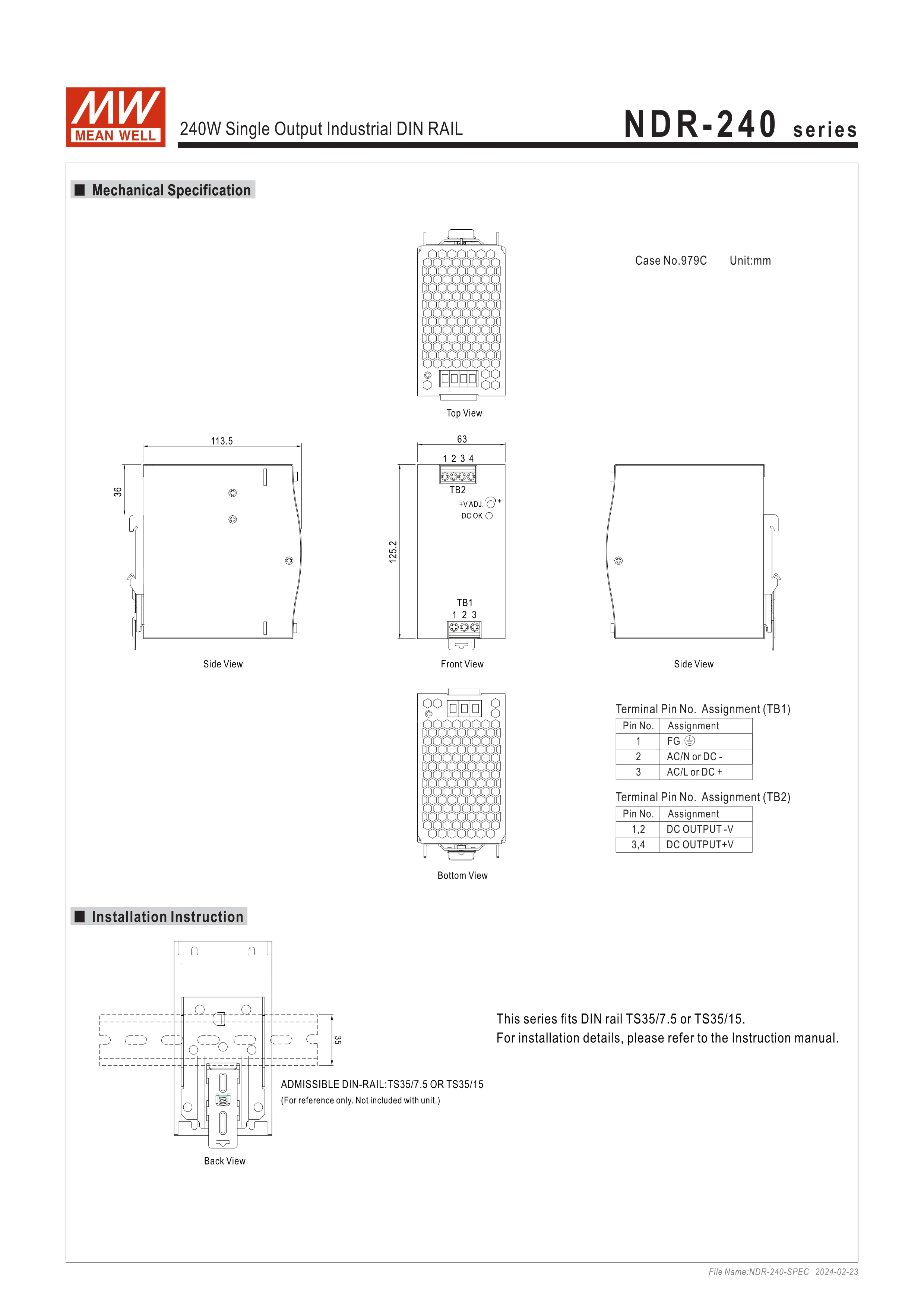 Original Mean Well 240W Single Output Industrial DIN RAIL NDR-240-48 Meanwell Power Supply 48V 5A