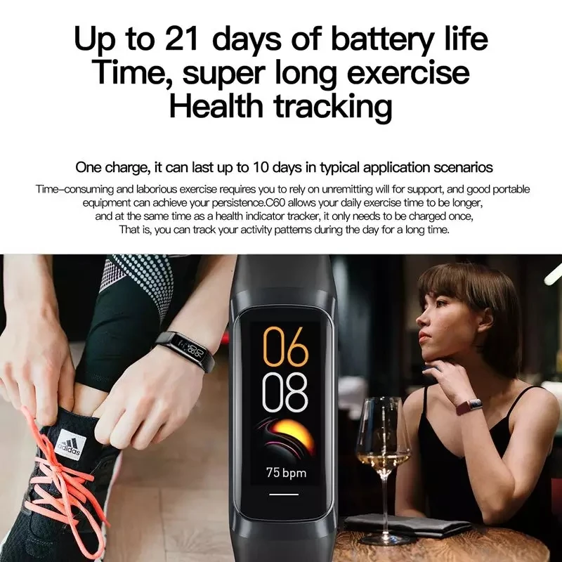 New C60 Fitness Smart Bracelet 1.1 inch AMOLED Touch Screen Heart Rate Blood Pressure Oxygen Body Temperature Sports Smart Band
