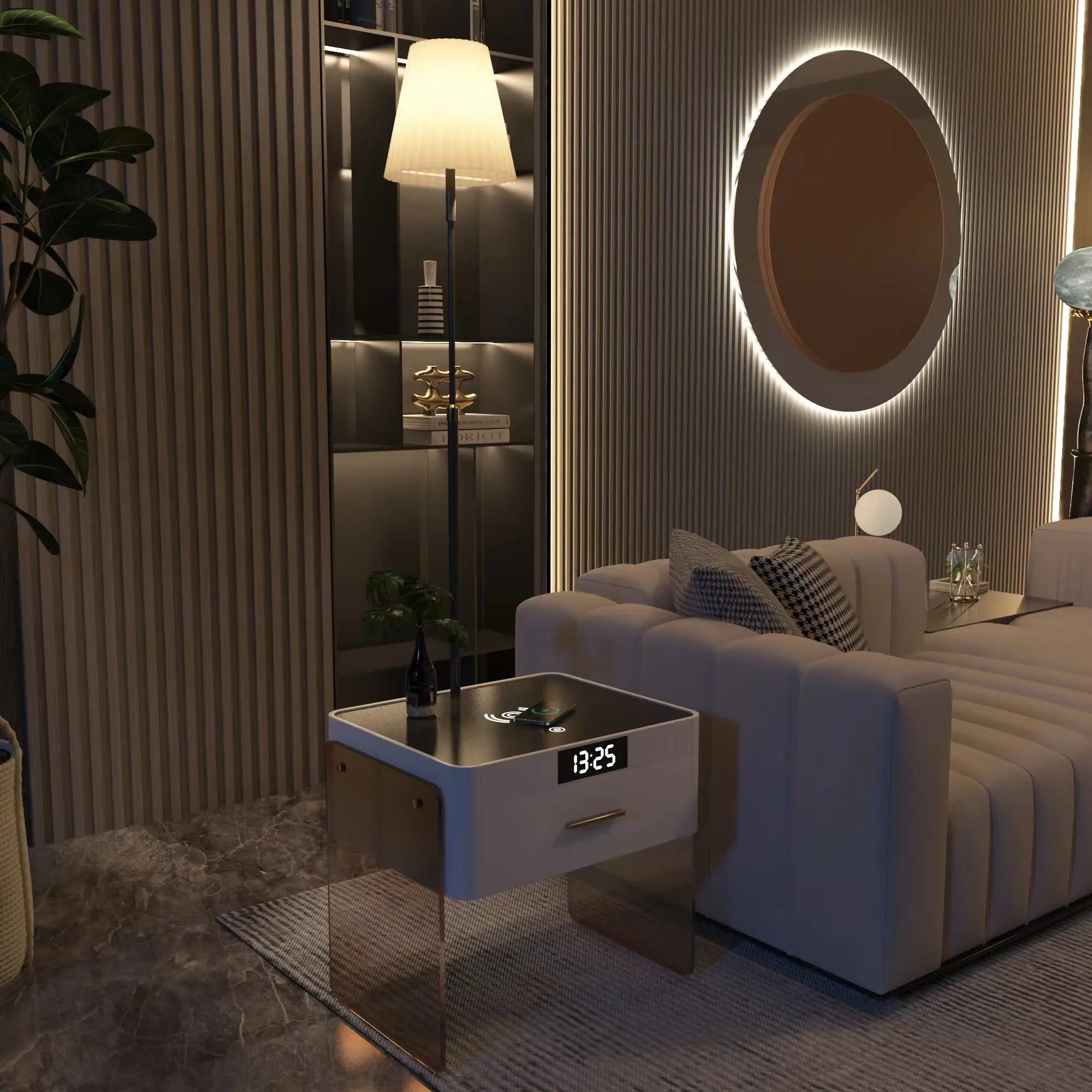 VASAGLE luxury multifunctional smart bedside table with  digital tube clock wireless nightstands with three-color led light