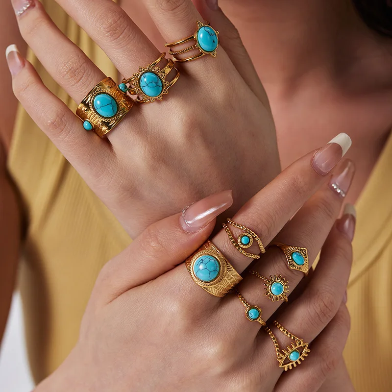 DAIHE Non Tarnish Fashion Jewelry Adjustable Opening Turquoise Stainless Steel Ring For Women