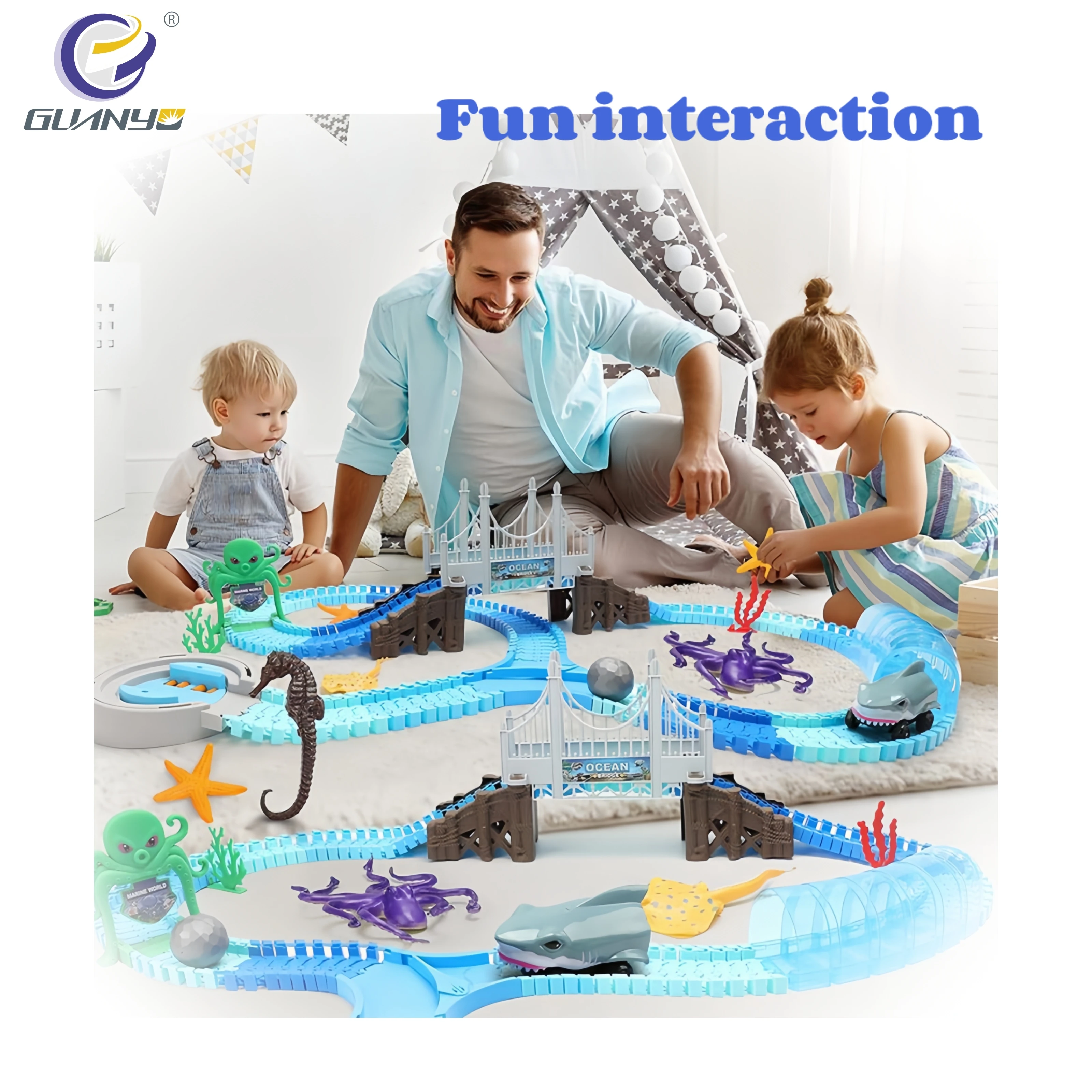 264PCS Shark Rail Car Ocean Toy Trains DIY Racing Railway Electric Car Marine Animal Model Children Toys Great Gift For Kids