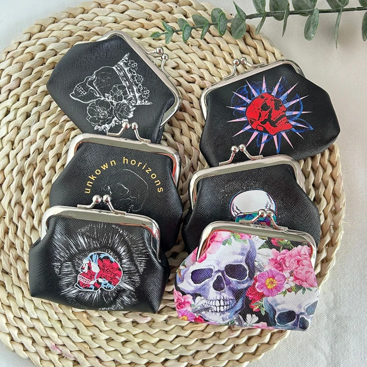 Customized logo pu leather coin purse souvenir woman skull mexican coin bag