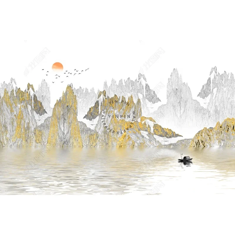 New Chinese abstract gold landscape ink painting vinyl wallpaper